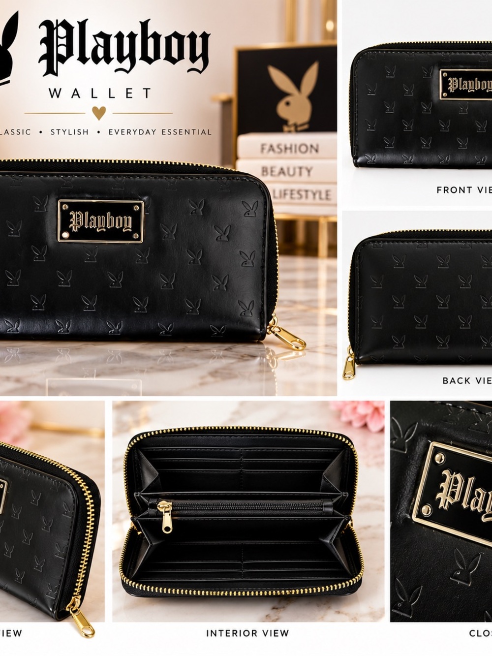 PLAYBOY Black Zip-Around Wallet with Gold Hardware Plaque